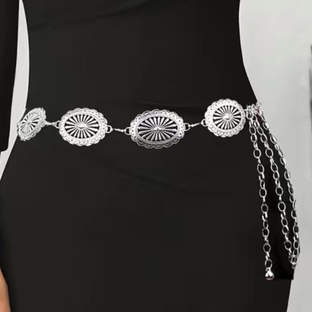 Vintage Style Rustic Silver Concho Metal Adjustable Chain Belt Western Design